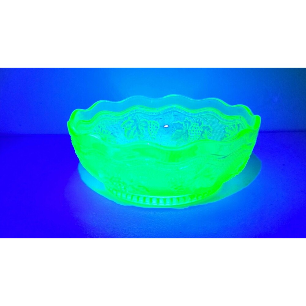 Vintage Uranium Glass Bowl Grapes & Leaves 6"